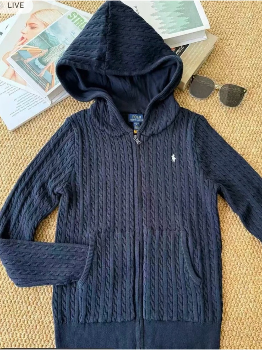 NWT Polo Ralph Lauren Girl’s Navy Cable Knit Hooded Zip Sweater M(8-10)